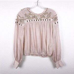 FREE PEOPLE Beaded Sequin
Embellished Pin-Striped Crochet Yoke
Blouse